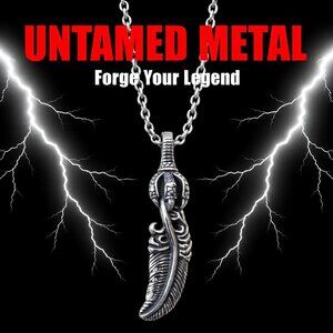 Eagles Claw Talons + Feather - 24" Chain - Brushed Steel - Masculine - Tribal